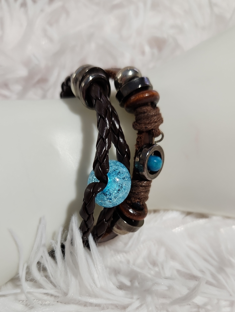 Brown Leather Pullstring Bracelet with Turquoise Wood Bead